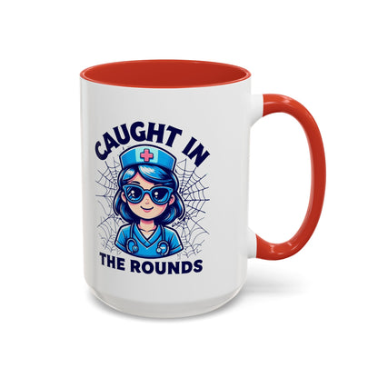 Nurse Coffee Mug, Cute Nursing Gift, Healthcare Appreciation, Fun Spider Design, Caught in the Rounds Mug