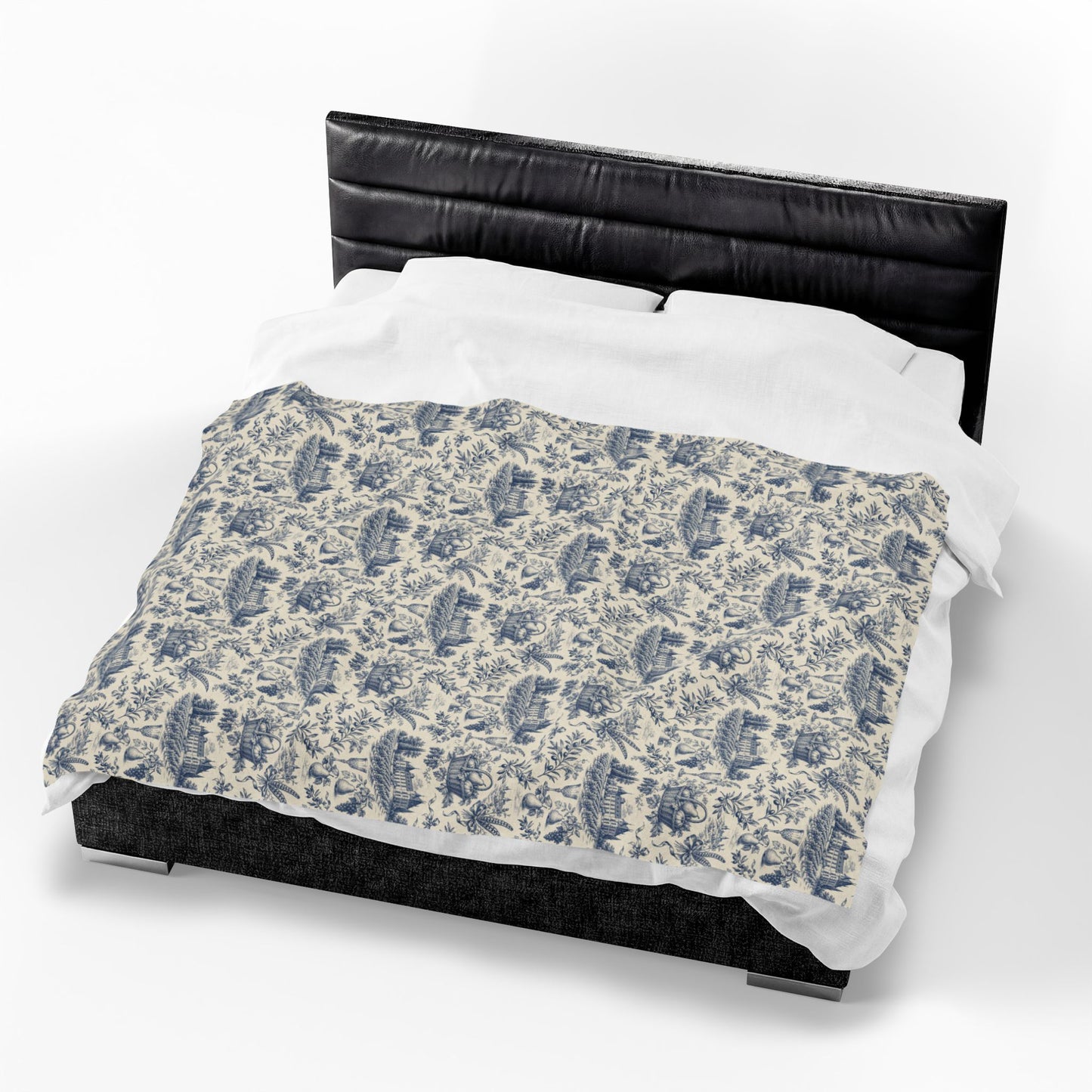 French Harvest Toile Landscape Velveteen Plush Blanket | Vintage Cottage Pattern