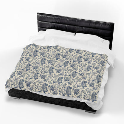 French Harvest Toile Landscape Velveteen Plush Blanket | Vintage Cottage Pattern