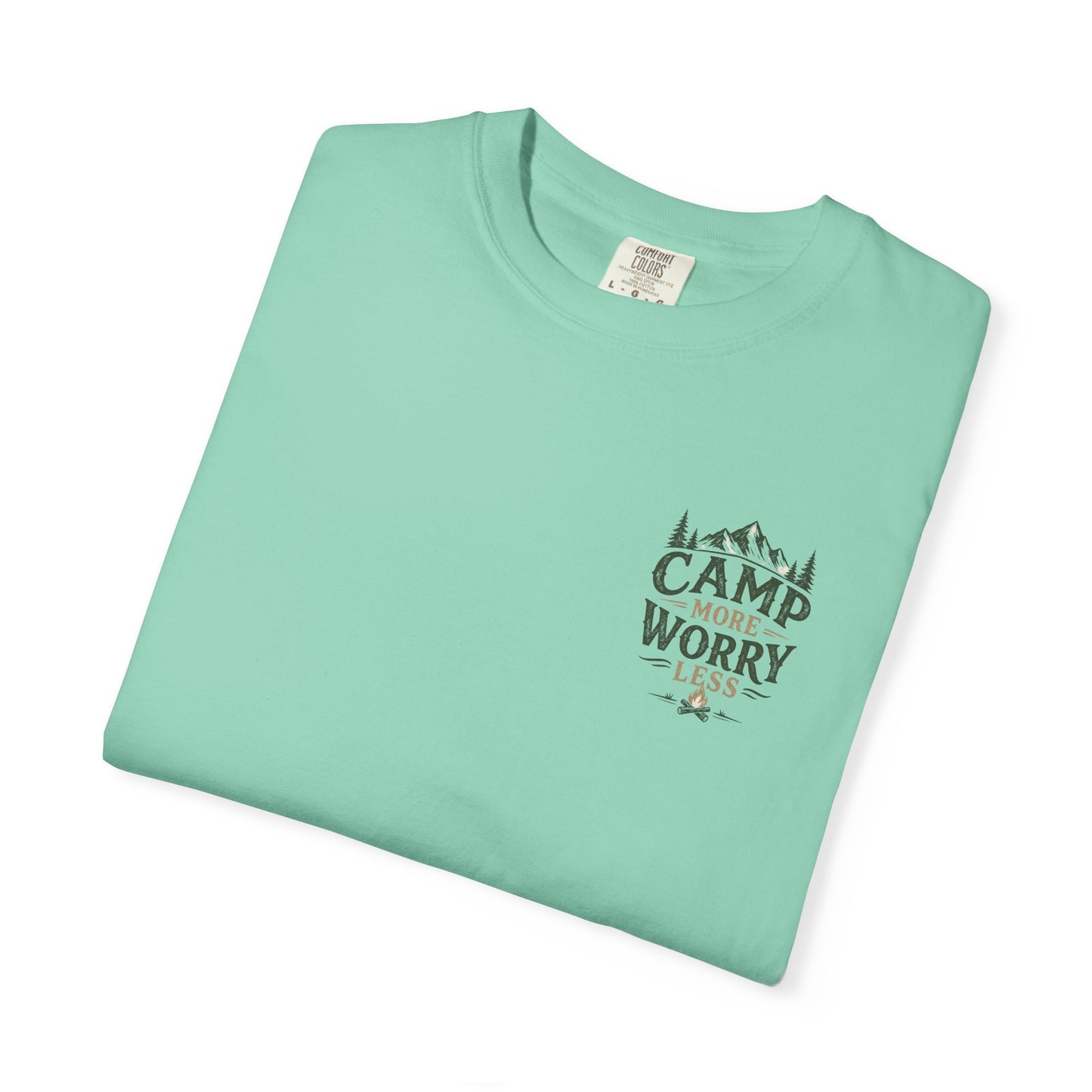 Camp More Worry Less T-shirt | Camping Mountains Pine Trees Design