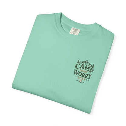 Camp More Worry Less T-shirt | Camping Mountains Pine Trees Design