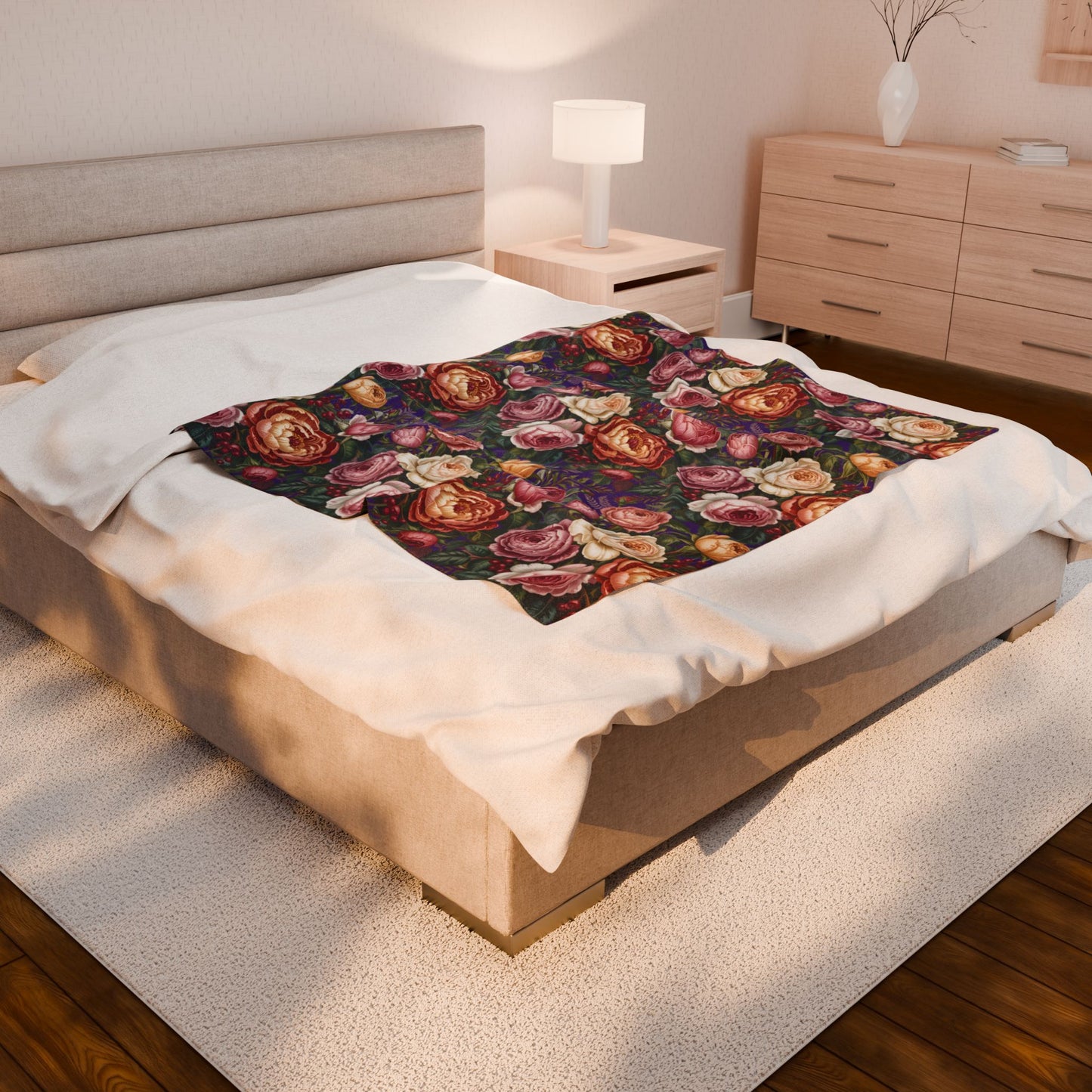 Vintage Rose Pattern Velveteen Plush Blanket | Floral Bouquet Design