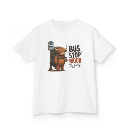 Bus Stop Mood Kids Tee | Grumpy Highland Cow Illustration, Funny Morning Shirt