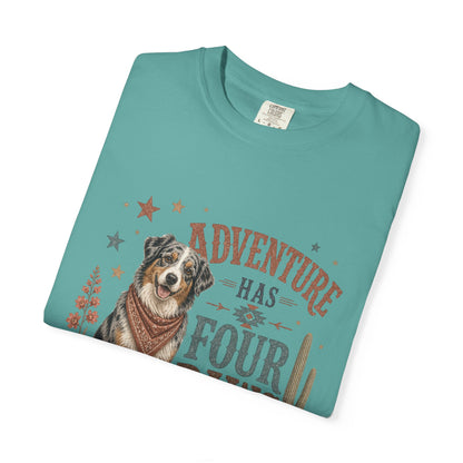 Adventure Has Four Paws T-Shirt | Australian Shepherd Design