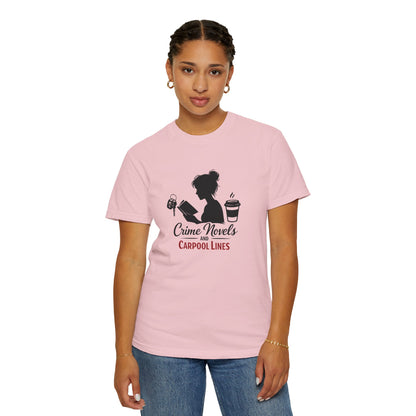 Crime Novels and Carpool Lines T-shirt | Reading Mom Silhouette, Coffee Graphic