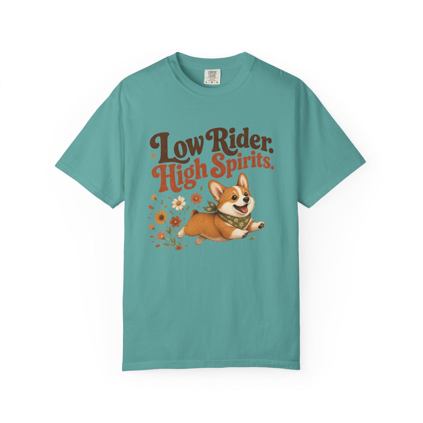 Low Rider High Spirits Corgi T-Shirt | Running Corgi Illustration, Autumn Leaves