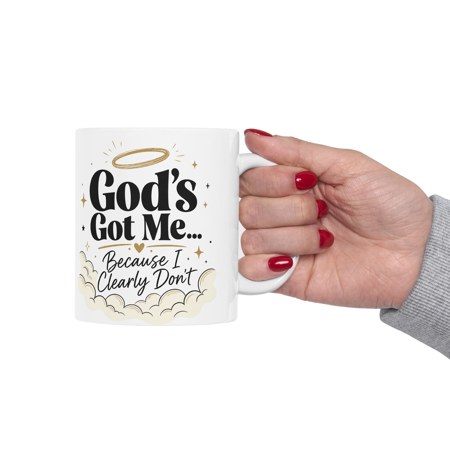 God's Got Me Mug | Religious Christian Coffee Cup with Halo & Clouds