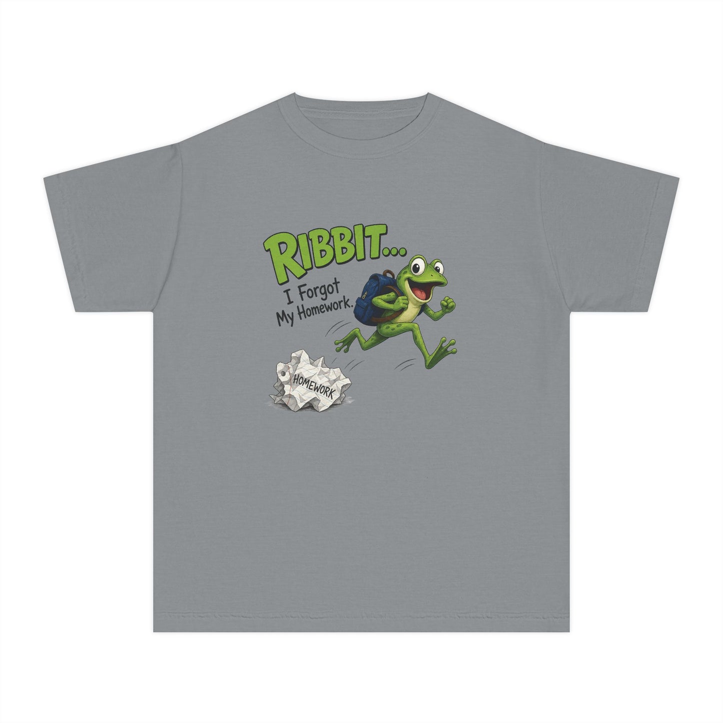 Ribbit Frog Character Youth Tee | Funny Forgot My Homework Design