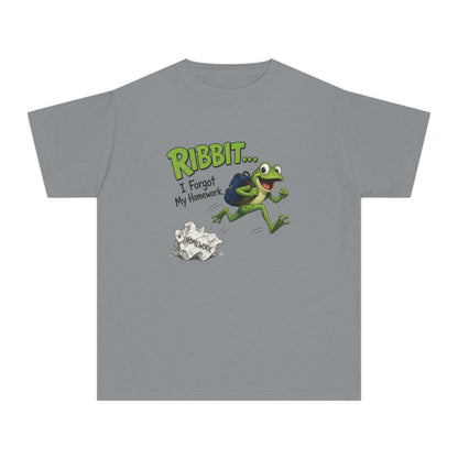 Ribbit Frog Character Youth Tee | Funny Forgot My Homework Design