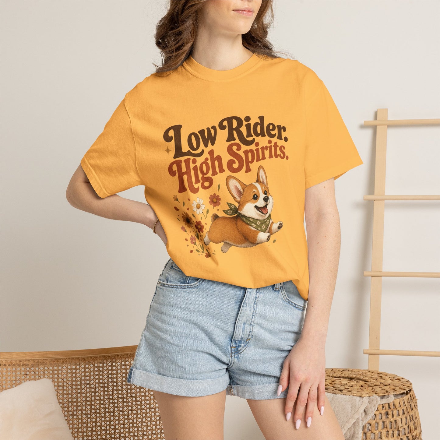 Low Rider High Spirits Corgi T-Shirt | Running Corgi Illustration, Autumn Leaves