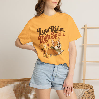 Low Rider High Spirits Corgi T-Shirt | Running Corgi Illustration, Autumn Leaves