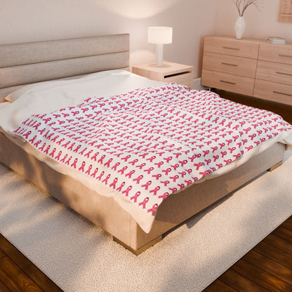 Soft Pink Ribbon Velveteen Blanket | Cozy Plush Throw for Breast Cancer Awareness, Comfort, Gift for Her, Home Decor, Cozy Snuggle, White