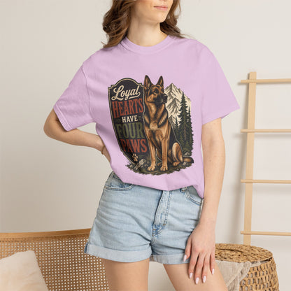 Loyal Hearts Have Four Paws German Shepherd T-shirt | Mountain Forest Dog Design