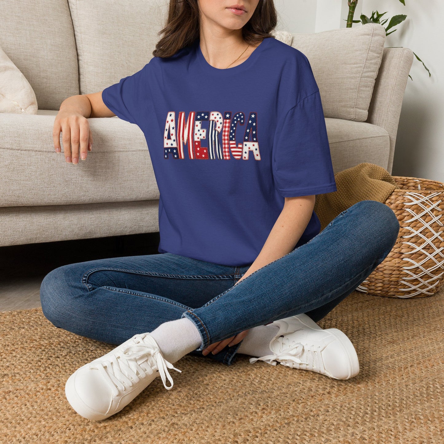 American Flag Patchwork Style Letters T-Shirt | Patriotic Fourth of July Tee