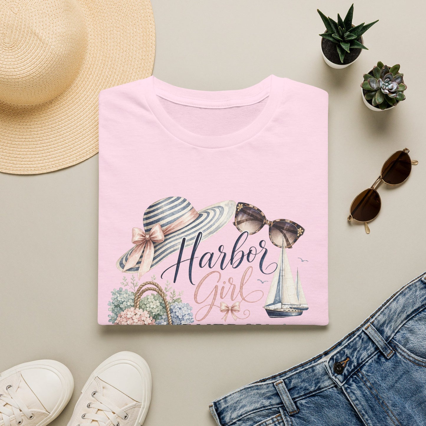Harbor Girl illustration T-Shirt | Nautical hat, sailboat, seashells
