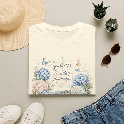 Seashells & Sunday Hydrangeas T-Shirt | Floral Coastal Cottage Shirt