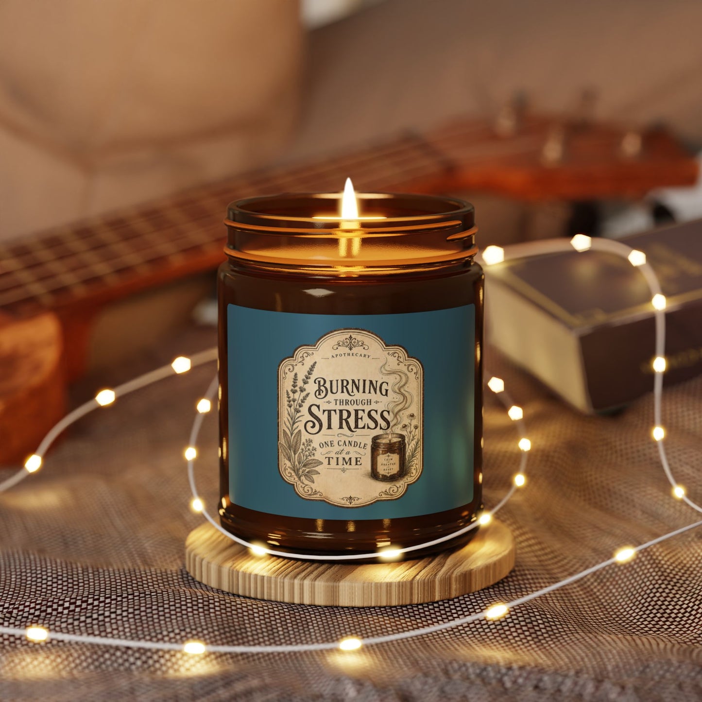Burning Stress vintage label Soy Candle | Amber Jar