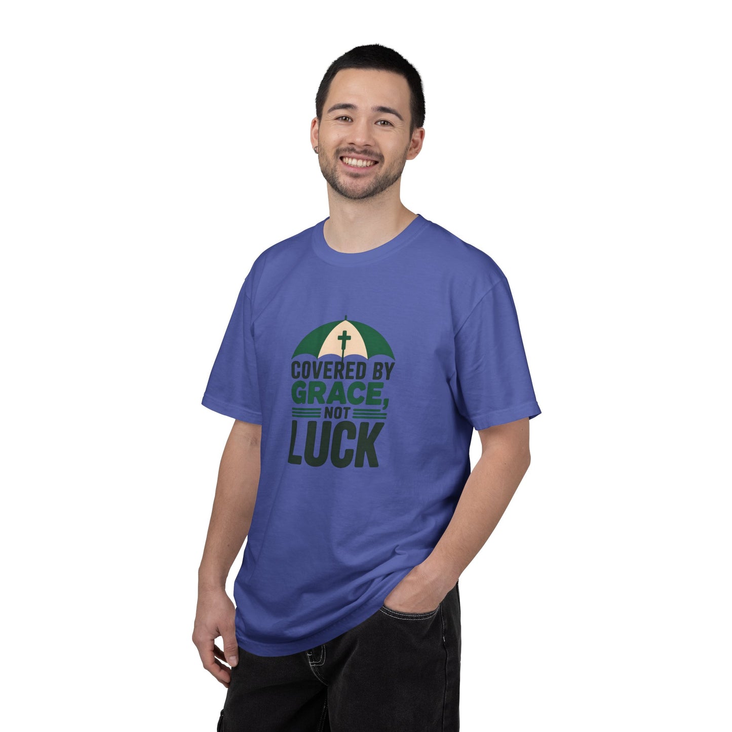 Covered by Grace Not Luck T-Shirt | Christian faith tee, cross graphic