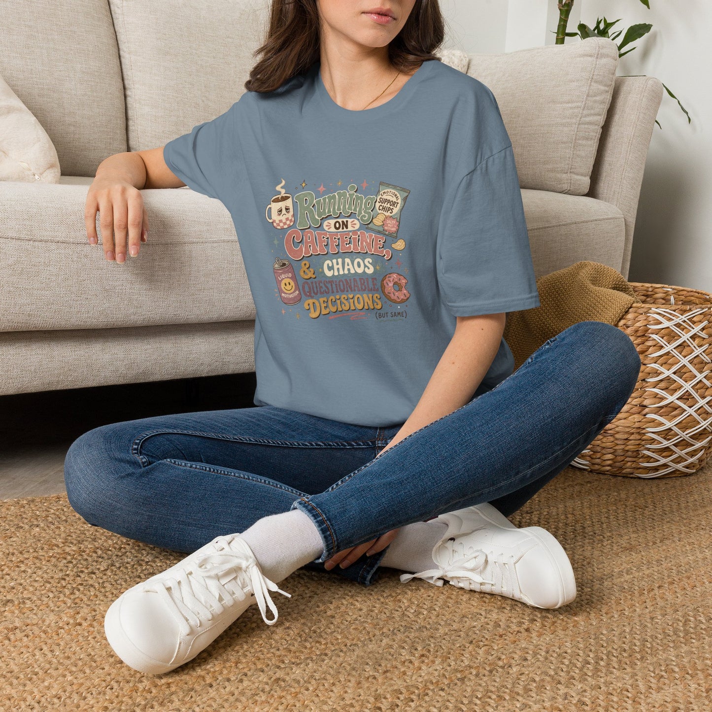 Running on Caffeine & Chaos T-Shirt | Coffee Mug Donut Illustration