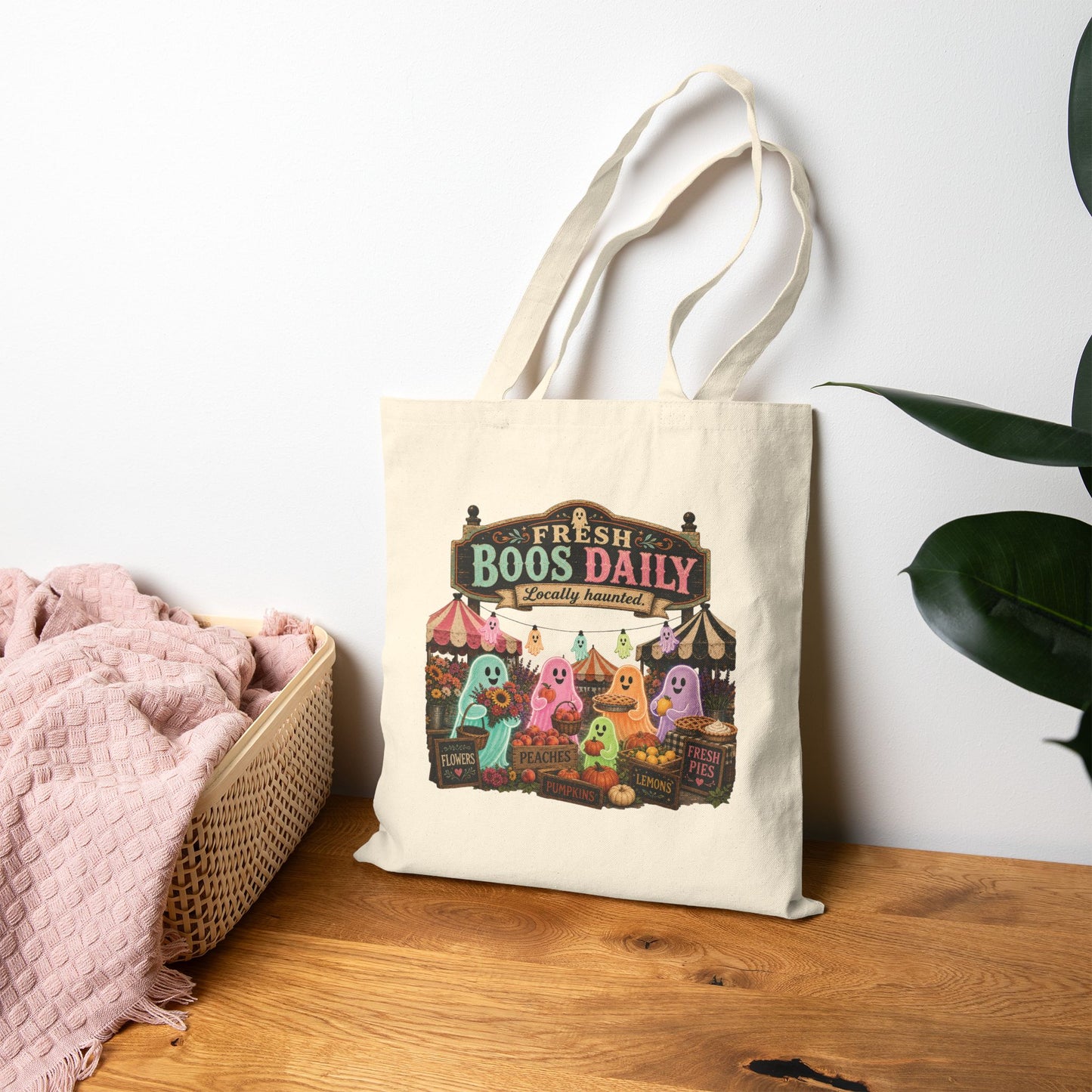 Fresh Boos Daily ghost market Tote Bag | Halloween trick-or-treat canvas tote