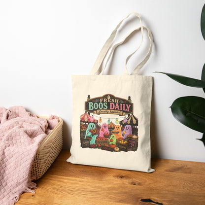 Fresh Boos Daily ghost market Tote Bag | Halloween trick-or-treat canvas tote