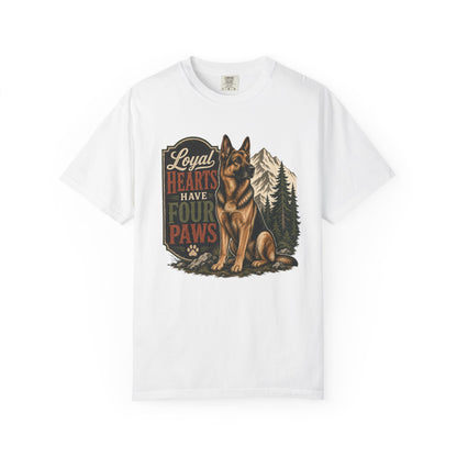 Loyal Hearts Have Four Paws German Shepherd T-shirt | Mountain Forest Dog Design
