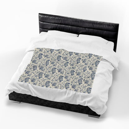French Harvest Toile Landscape Velveteen Plush Blanket | Vintage Cottage Pattern