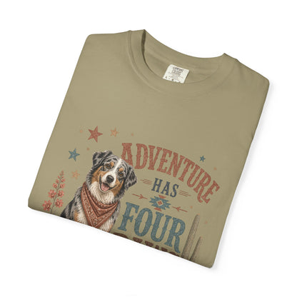 Adventure Has Four Paws T-Shirt | Australian Shepherd Design
