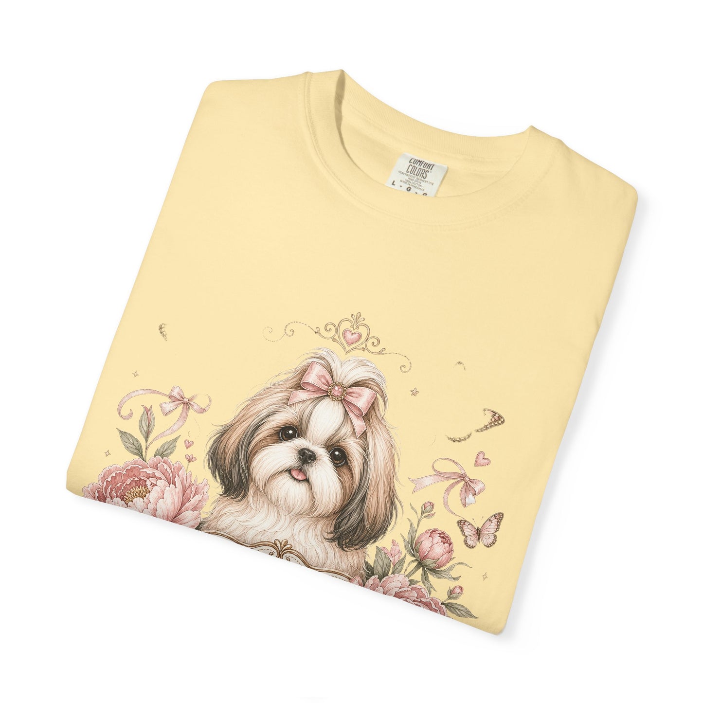 Shih Tzu Floral Portrait T-Shirt | Tiny Floof Illustration, Pink Roses