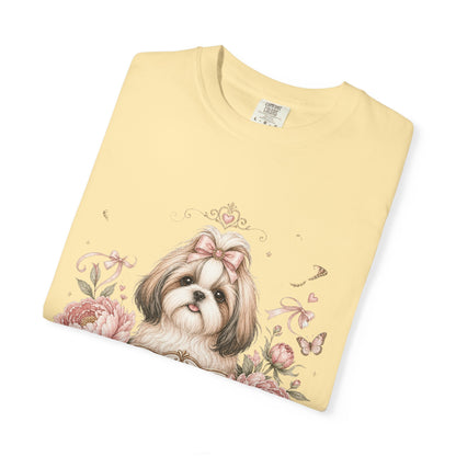 Shih Tzu Floral Portrait T-Shirt | Tiny Floof Illustration, Pink Roses