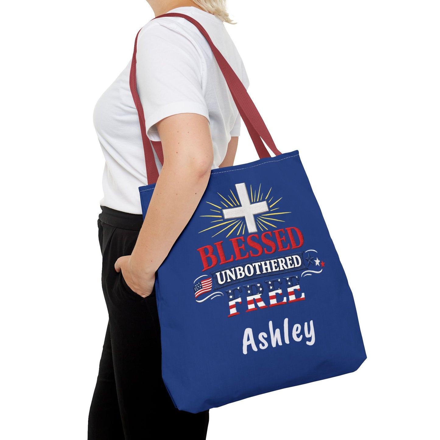 Blessed Unbothered Free Cross tote bag | patriotic faith design