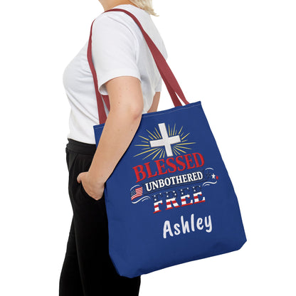 Blessed Unbothered Free Cross tote bag | patriotic faith design