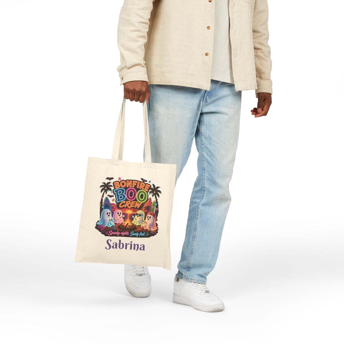 Bonfire Boo Crew Tote Bag | Halloween ghosts, campfire spooky beach design