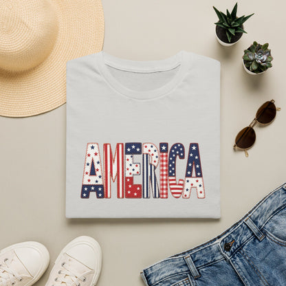 American Flag Patchwork Style Letters T-Shirt | Patriotic Fourth of July Tee