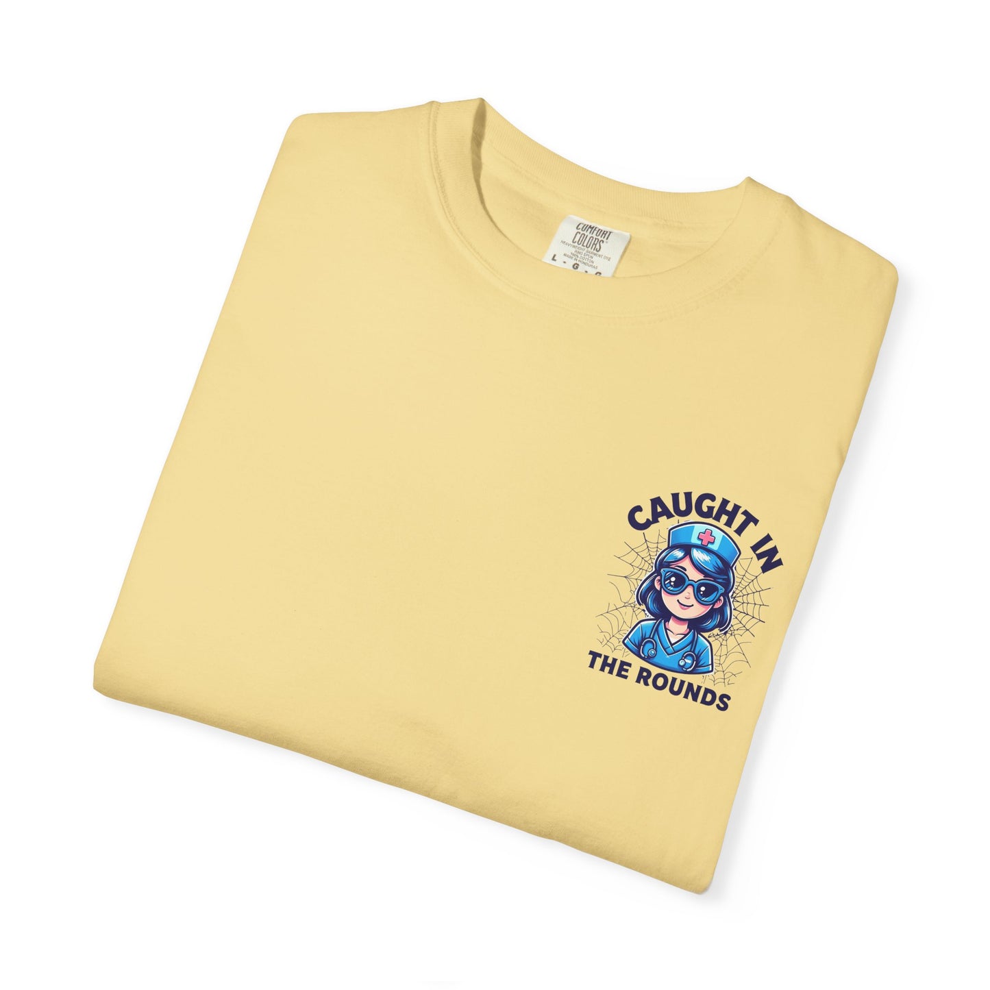 Unisex Graphic Tee - 'Caught in the Rounds', Casual Wear, Gift for Friends, Comfortable Everyday Tee, Fun Summer Shirt, Halloween Nurse