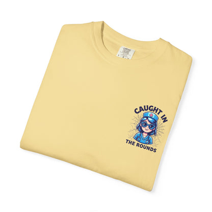 Unisex Graphic Tee - 'Caught in the Rounds', Casual Wear, Gift for Friends, Comfortable Everyday Tee, Fun Summer Shirt, Halloween Nurse