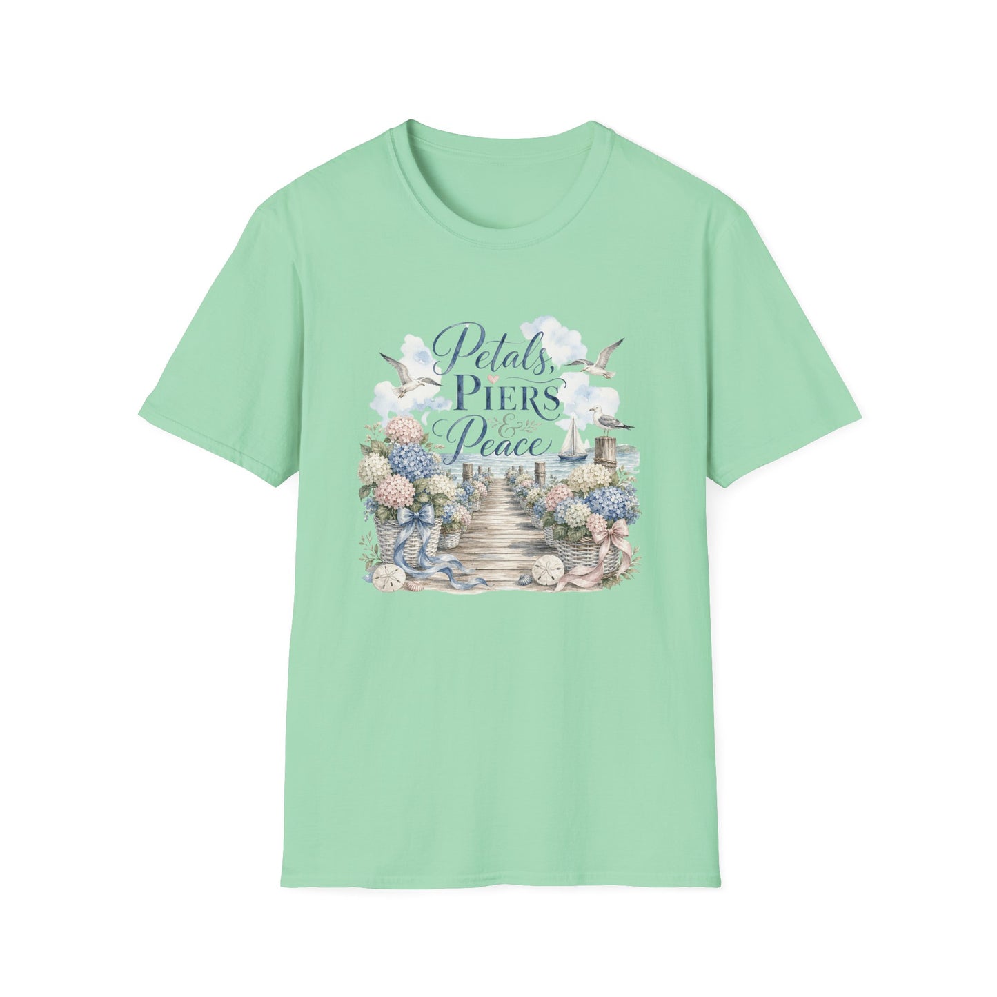 Petals Piers Peace T-Shirt | Coastal Lighthouse Floral Seagulls Design