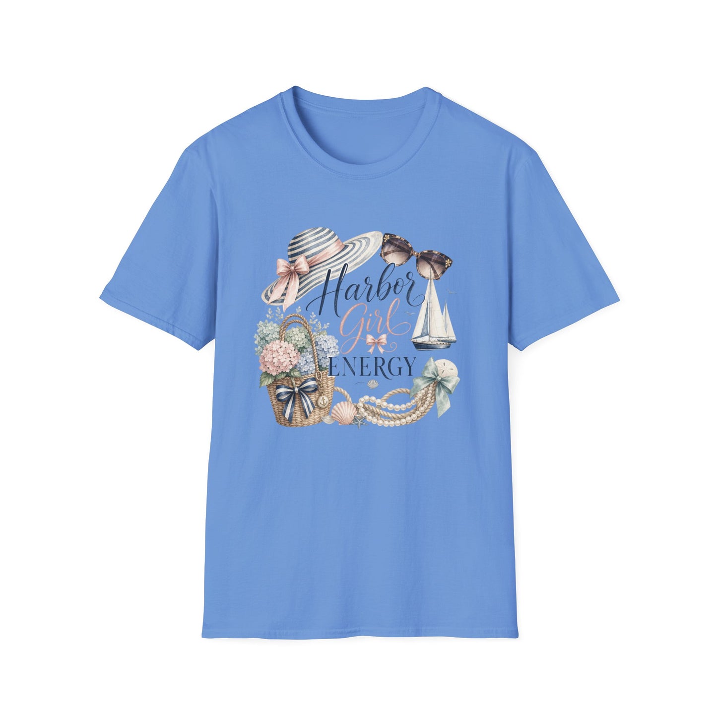 Harbor Girl illustration T-Shirt | Nautical hat, sailboat, seashells