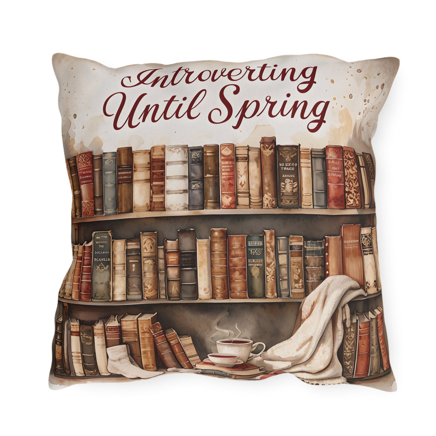 Introverting Until Spring Outdoor Pillow | Bookish Library Design, Cozy Reading Decor