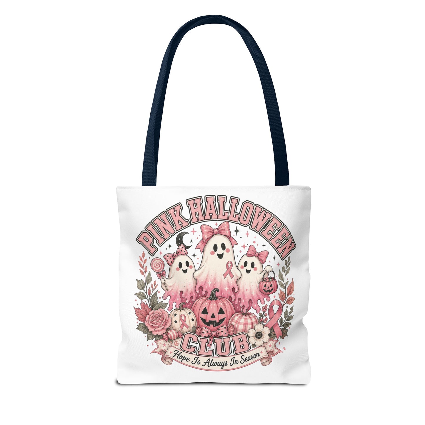 Breast Cancer Awareness Pink Halloween Club ghost trio tote bag | spooky floral pumpkin design
