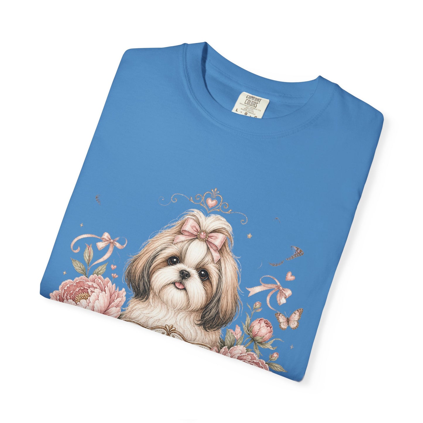Shih Tzu Floral Portrait T-Shirt | Tiny Floof Illustration, Pink Roses