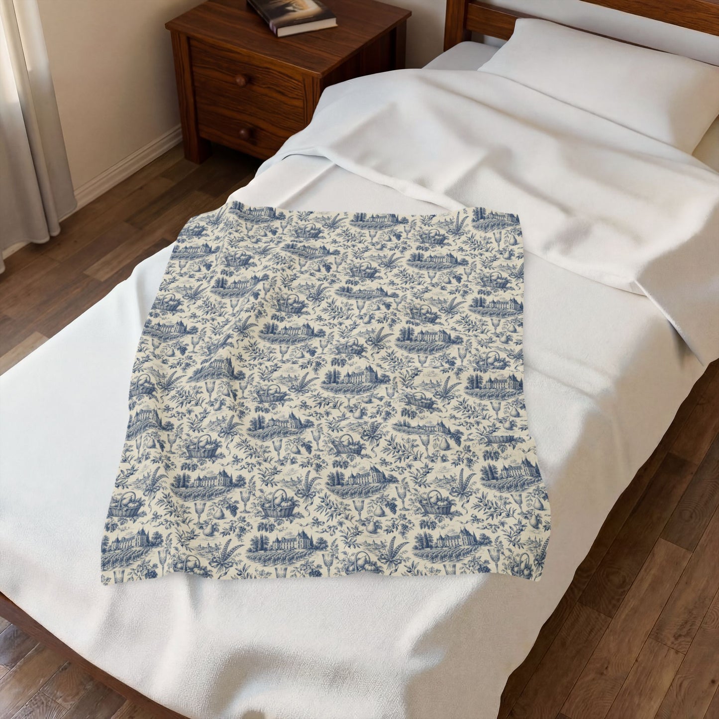 French Harvest Toile Landscape Velveteen Plush Blanket | Vintage Cottage Pattern
