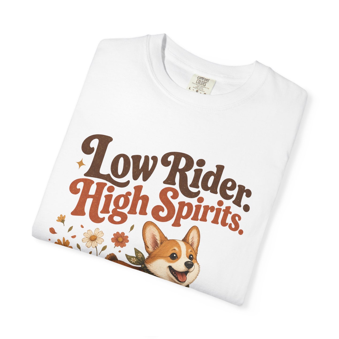 Low Rider High Spirits Corgi T-Shirt | Running Corgi Illustration, Autumn Leaves