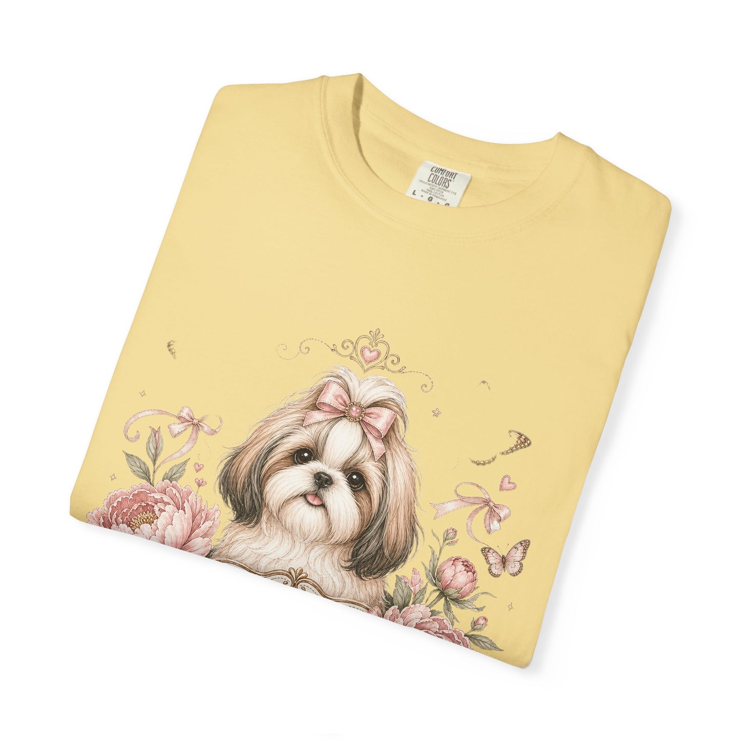 Shih Tzu Floral Portrait T-Shirt | Tiny Floof Illustration, Pink Roses