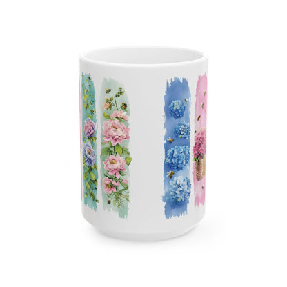 Watercolor Floral Strips Mug | Pink Peonies Blue Hydrangea Ceramic Mug