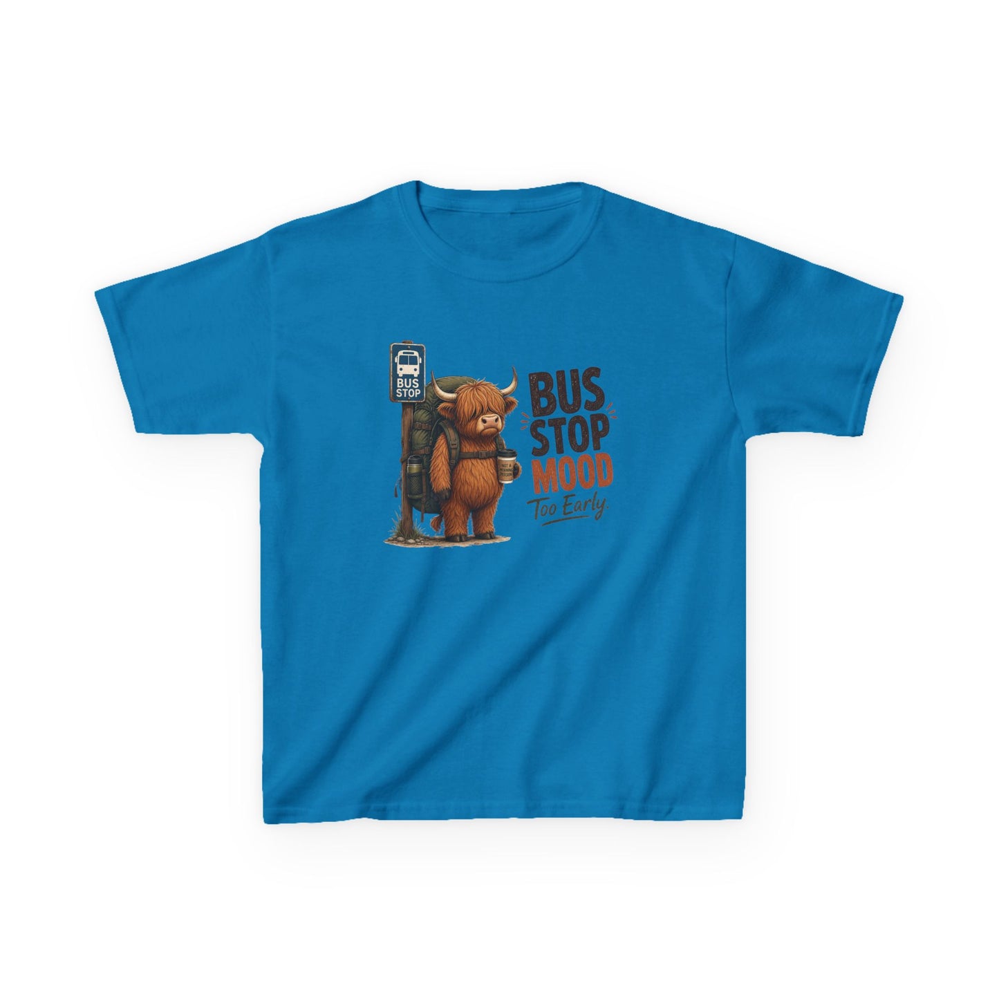 Bus Stop Mood Kids Tee | Grumpy Highland Cow Illustration, Funny Morning Shirt