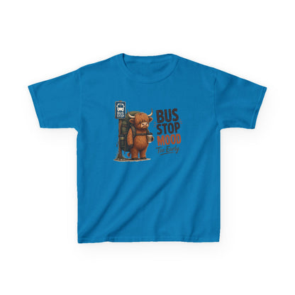 Bus Stop Mood Kids Tee | Grumpy Highland Cow Illustration, Funny Morning Shirt