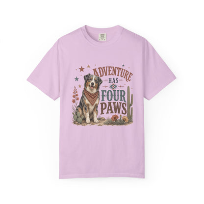 Adventure Has Four Paws T-Shirt | Australian Shepherd Design