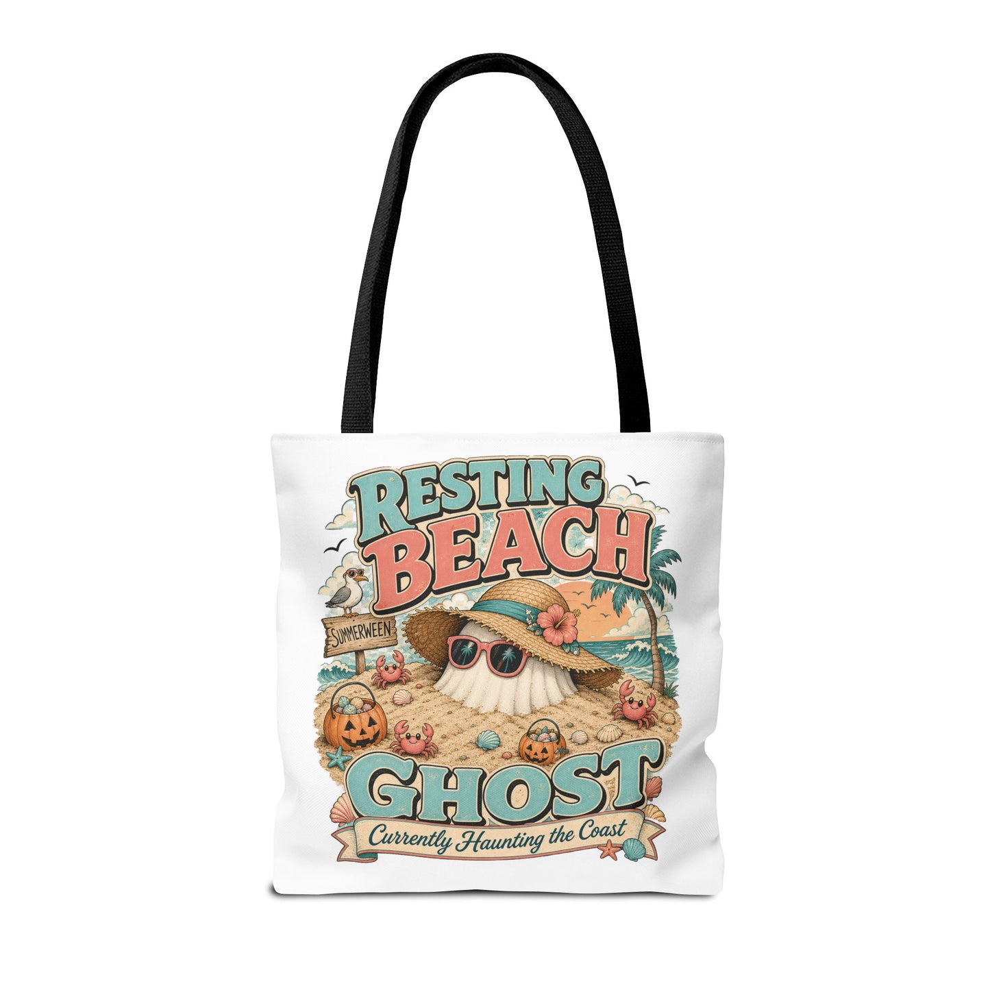Resting Beach Ghost Tote Bag | Halloween Beach Ghost Illustration