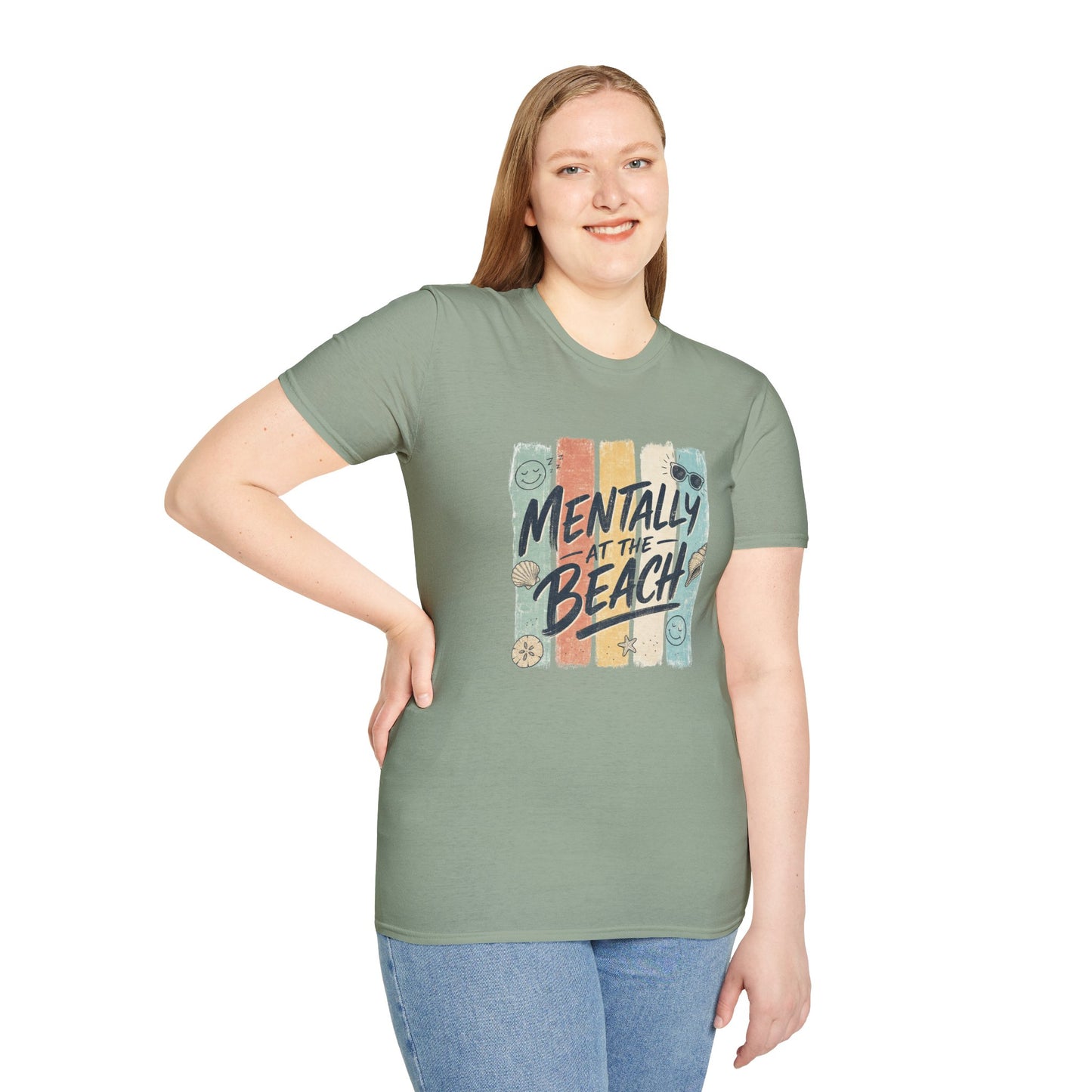 Mentally at the Beach T-Shirt | Retro Stripes, Sunglasses & Seashells